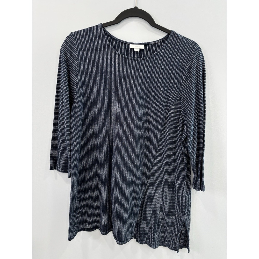PUREJILL Blue Striped Tunic Top Large 3/4 Sleeve Asymmetrical Organic Cotton